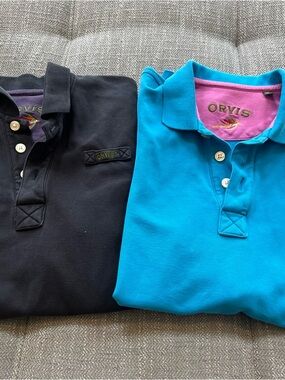 Orvis Fly Fishing Men’s embroidered polo t-shirt Medium Lot Of 2 Blue Black